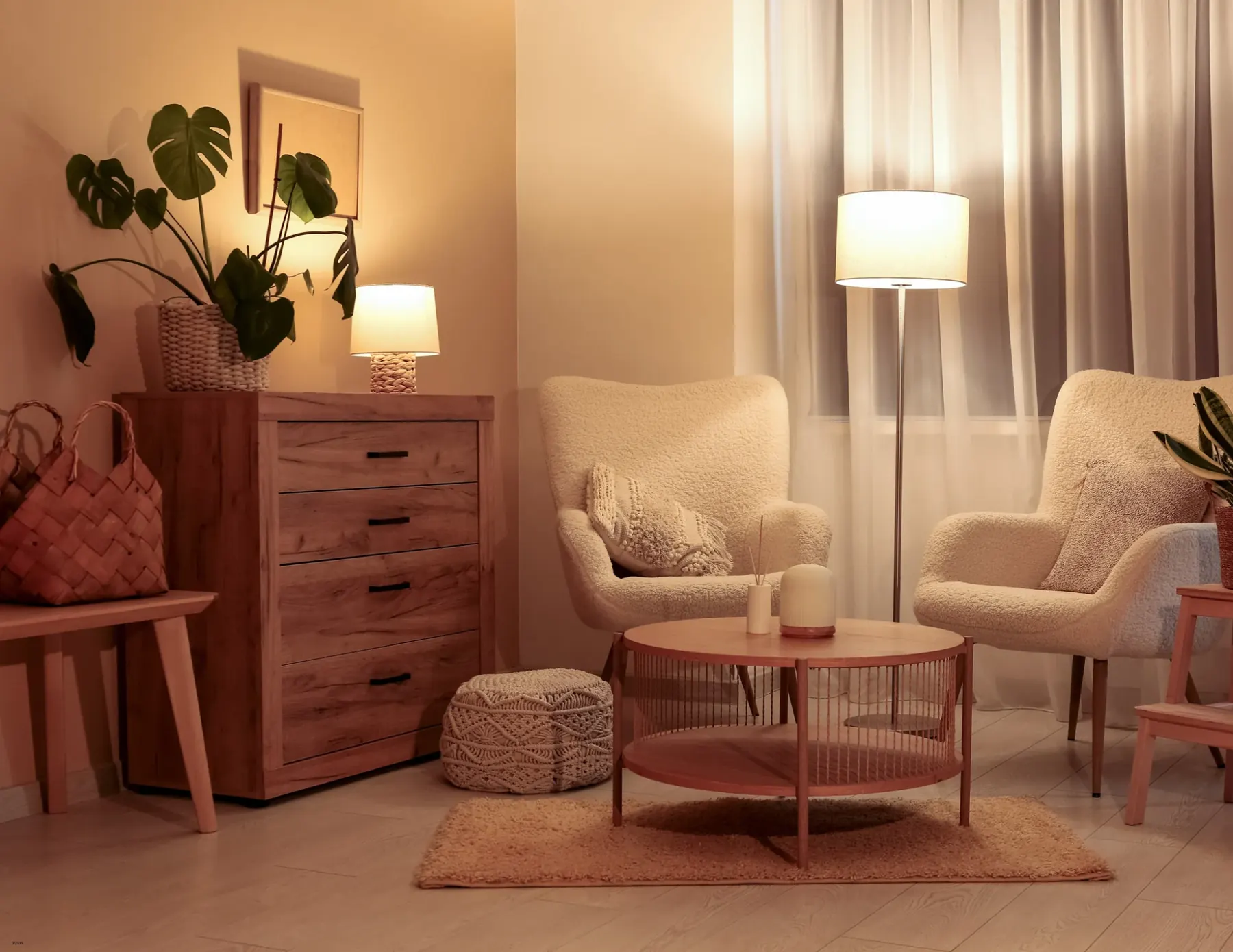 Warm, staged living room with plants and a floor lamp, the kind of shot a listing needs