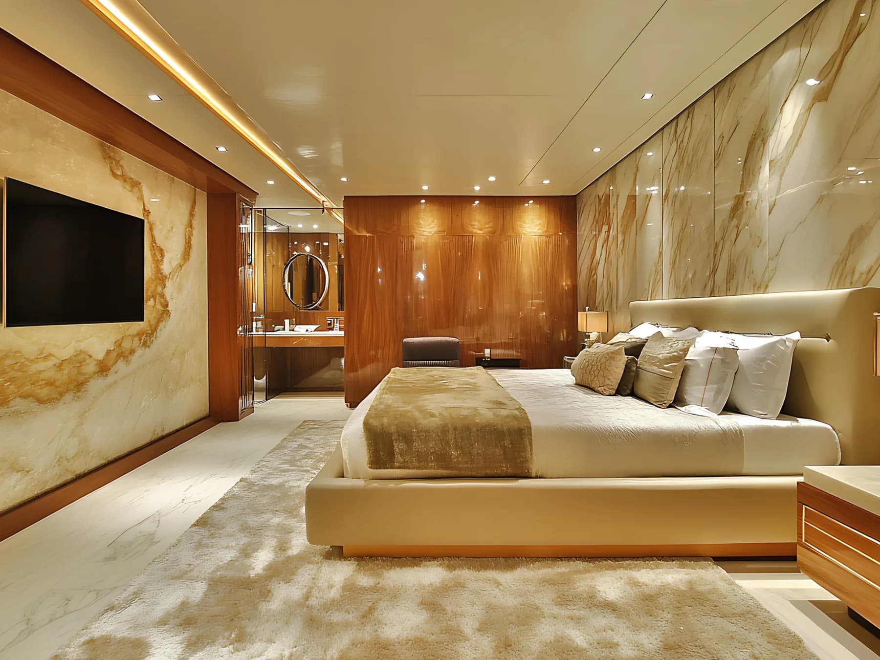 Luxury bedroom suite with marble and wood finishes, lit for a listing
