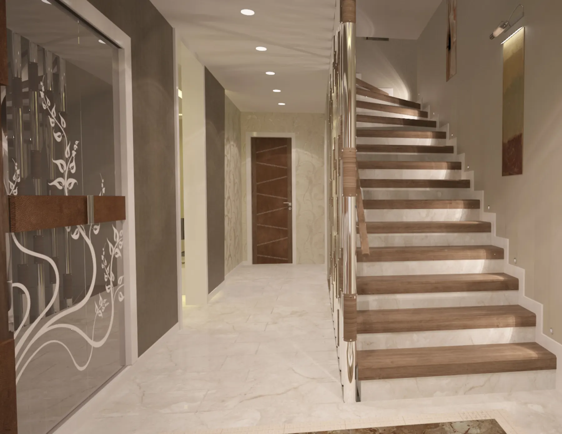 Clean modern staircase and hallway in a renovated home