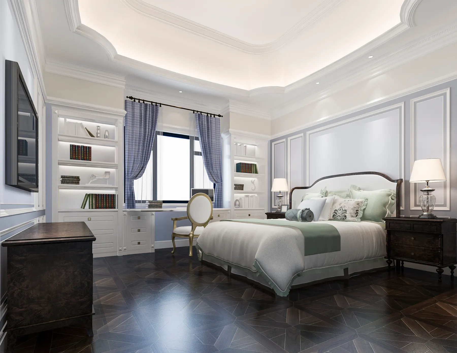 Bright classic bedroom with built-in shelving